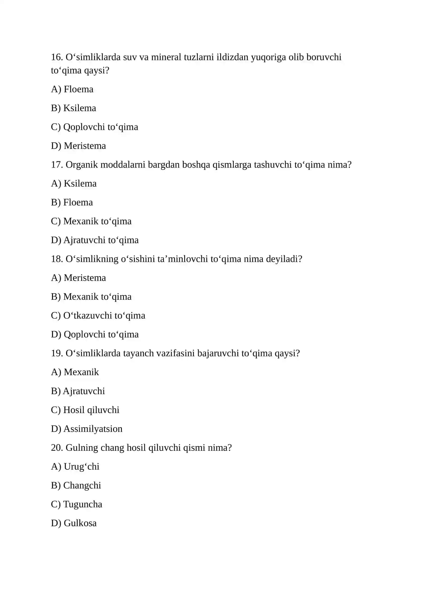 7-sinf Biologiya Testlar Javoblari bilan 4