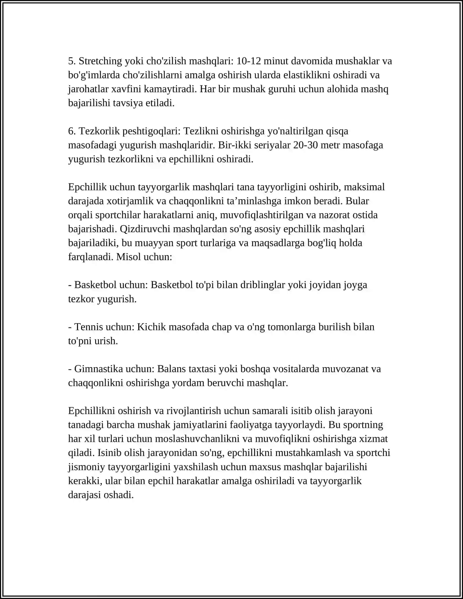 EPCHILLIK YOʻNALISHIDA JISMONIY SIFAT XUSUSIYATLARINI RIVOJLANTIRUVCHI JISMONIY MASHQLAR 4