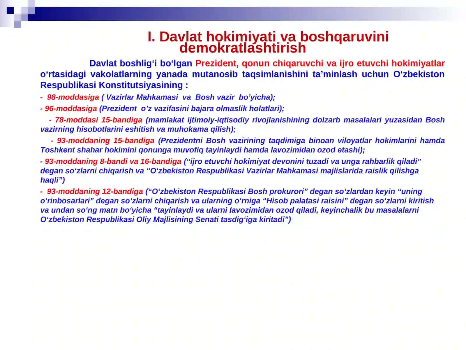 “Mamlakatimizda demokratik islohotlarni yanada chuqurlashtirish va fuqarolik jamiyatini rivojlantirish konsepsiyasi” mavzusida so’zlagan nutq 4