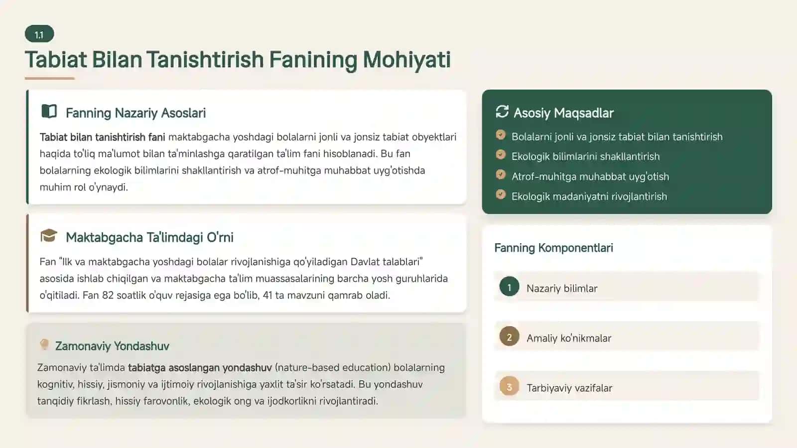 Ilk qadam davlat dasturida tabiat bilan tanishtirish mazmuni 4