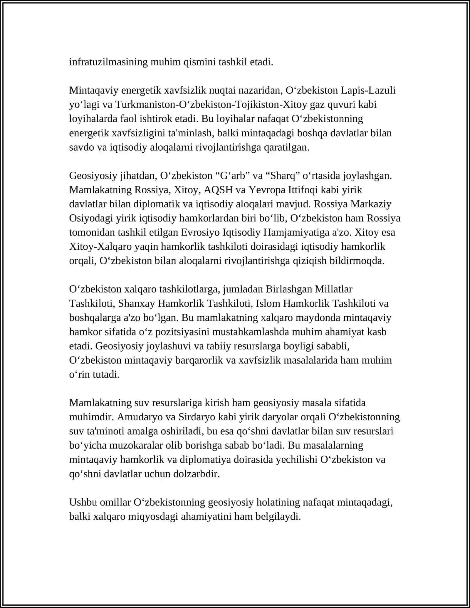 OʻZBEKISTONNING MARKAZIY OSIYODA TINCHLIK VA BARQARORLIKNI TA'MINLASHDAGI OʻRNI 4