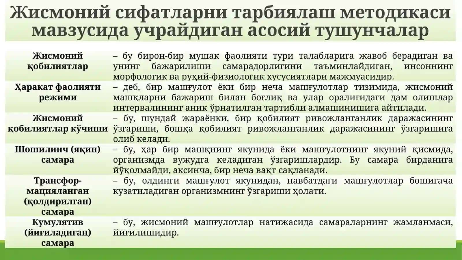 11-МАЪРУЗА. ЖИСМОНИЙ СИФАТЛАРНИ (КУЧ, ТЕЗКОРЛИК, ЧАҚҚОНЛИК, ЭГИЛУВЧАНЛИК, ЧИДАМЛИЛИК) ТАРБИЯЛАШ МЕТОДИКАСИ 4