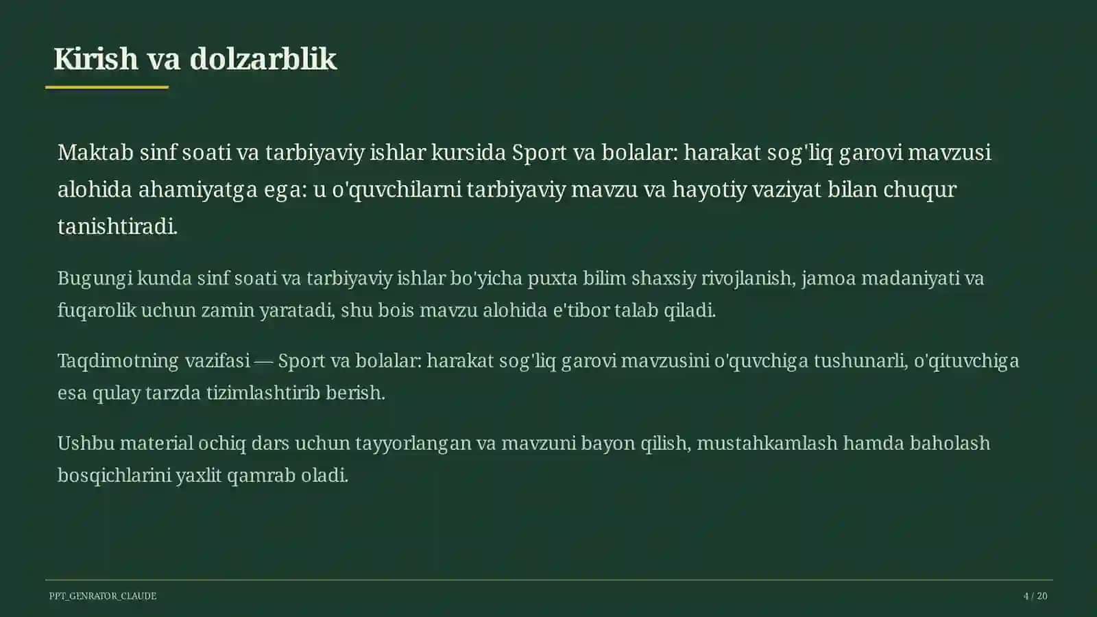 Sinf soati va tarbiyaviy tadbirlar (1–11) — ochiq dars uchun 4