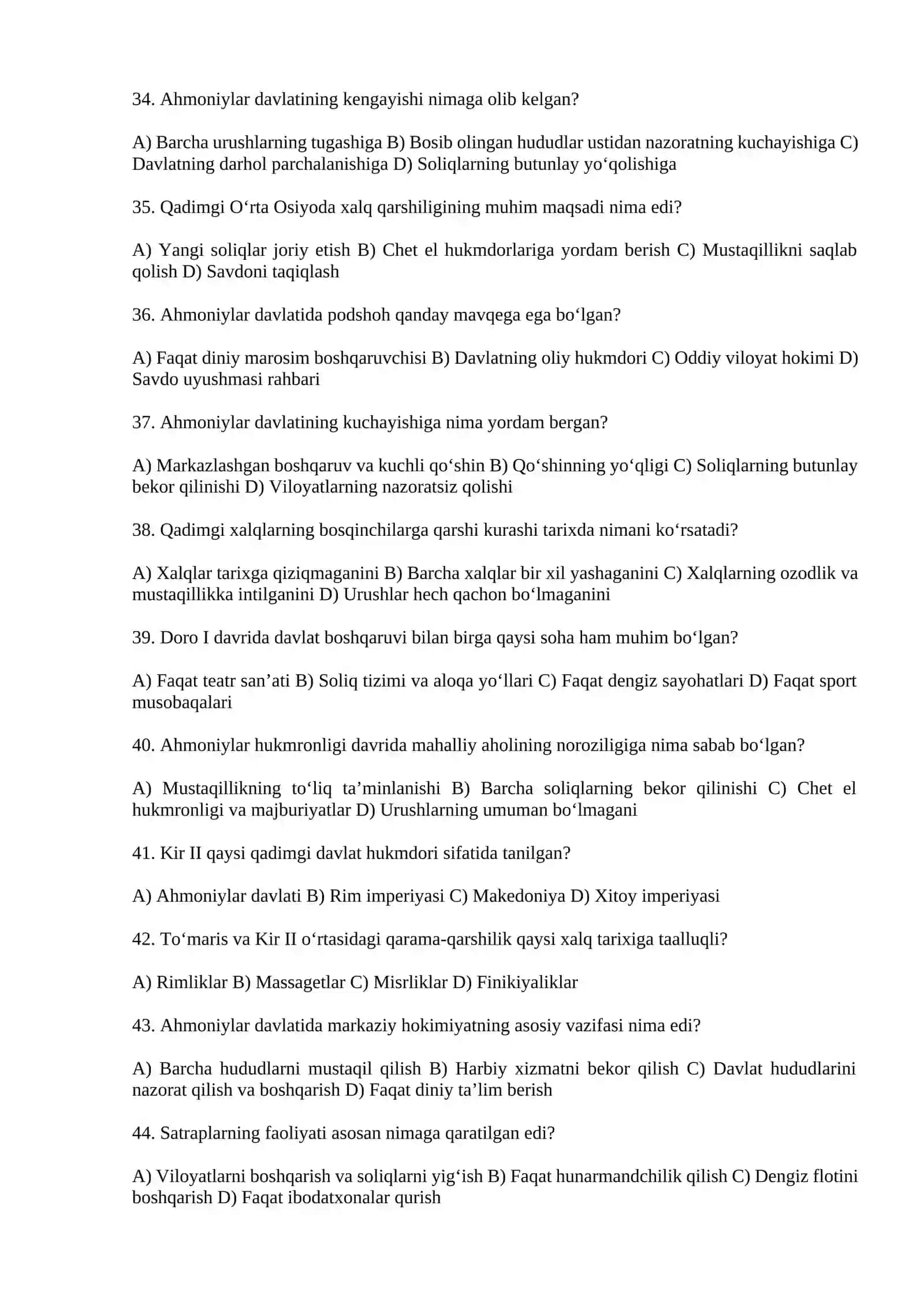“Ahmoniylar hukmronligiga qarshi xalq qo‘zg‘olonlari bo‘yicha ko‘rgazmalar tayyorlash” mavzusida tayyorlagan testlar to’plami 4