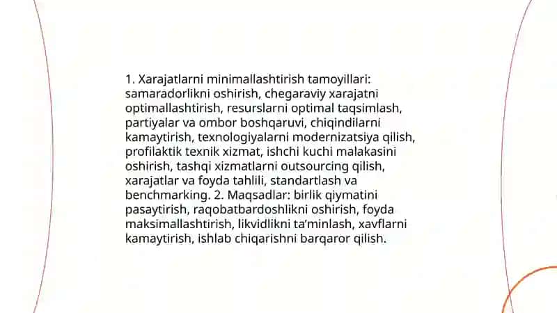 Ishlab chiqarish xarajatlarini minimallashtrish shartlari va korxonaning zararsiz ishlash nuqtasini xisoblash yŏllari 4