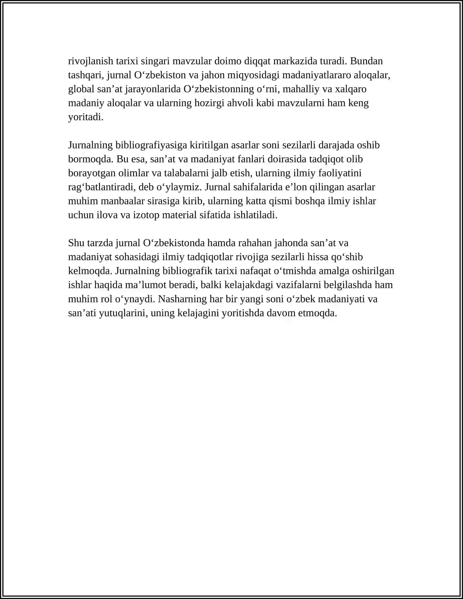 O‘ZBEKISTON DAVLAT SAN’T VA MADANIYAT INISTITUTI XABARLARI” JURNALI BIBLIOGRAFIYASI 4