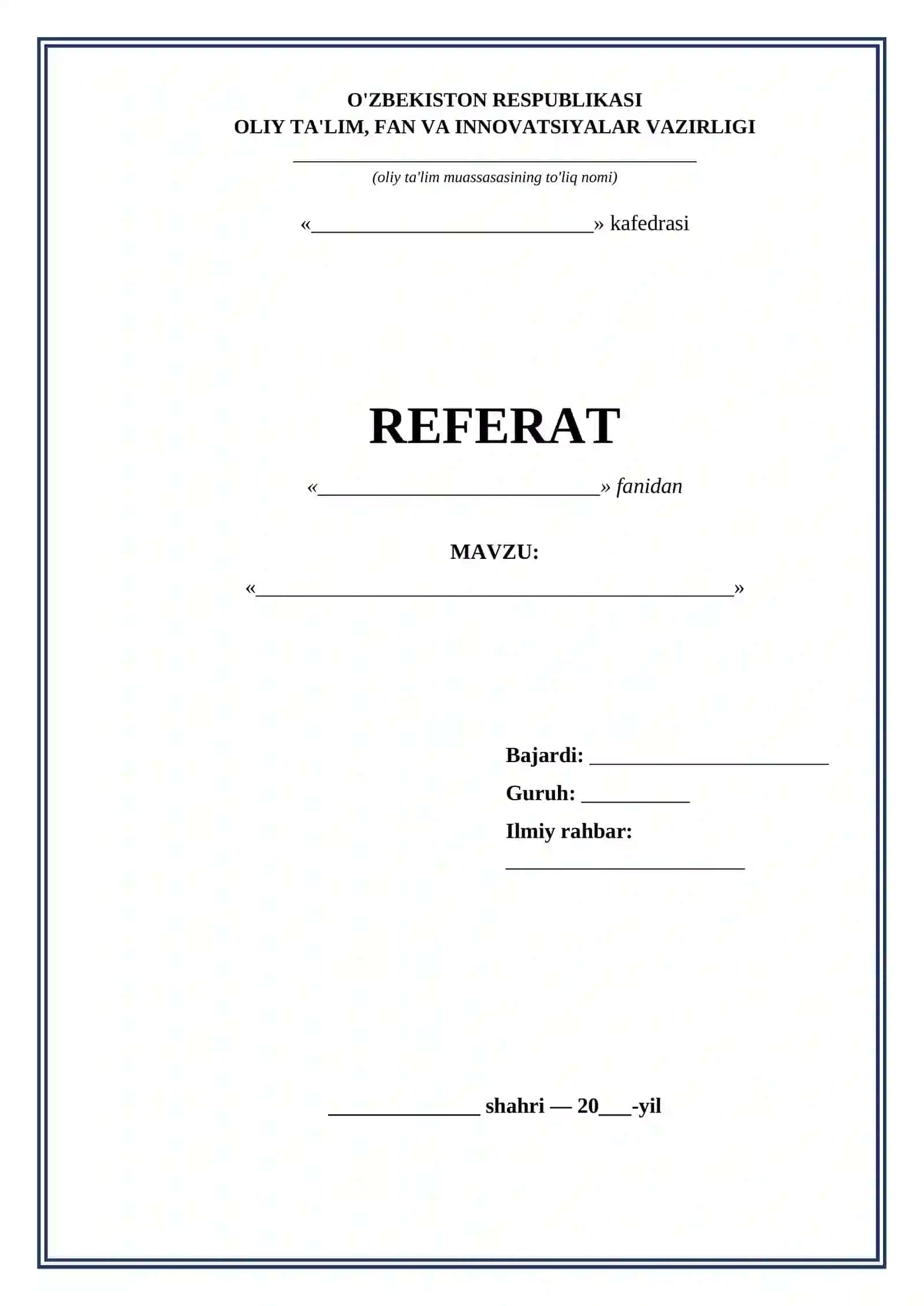 Referat va mustaqil ish titul varagi namunalari 10 xil word andoza 4
