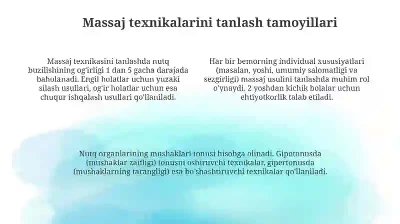 Nutqning buzilishi xususiyatiga qarb massaj qilish usullarini tanlash 4
