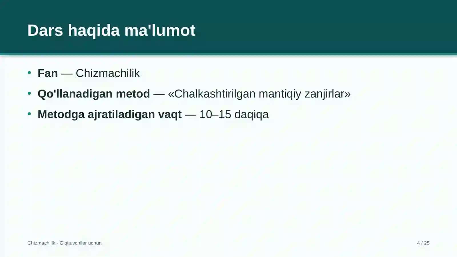 chizmachilik darslarida chalkashtirilgan mantiqiy zanjirlar metodidan foydalanish 6738 4