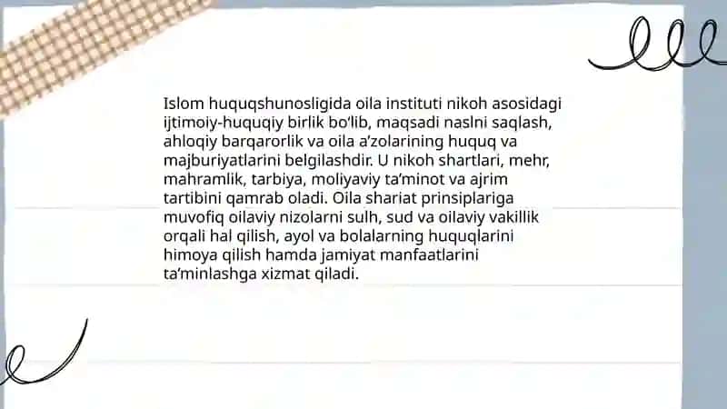 Islom huquqshunosligida oila,nikoh,taloq,idda,zihor tushunchalarini ta‘riflash 4