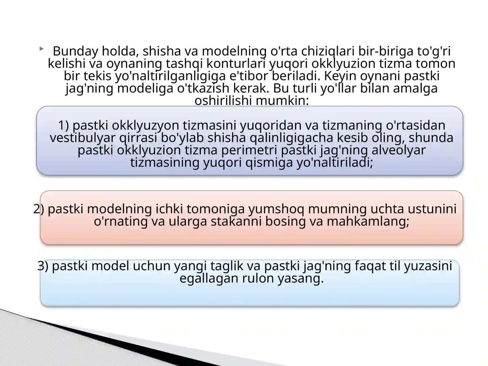 Sun'iy tishlarni tanlash. Sun'iy tishlarni okklyudator va artikulyatorda shisha ustiga qo'yish usuli . Ortognatik jag' munosabatlarida sun'iy tishlarni joylashtirish . 4