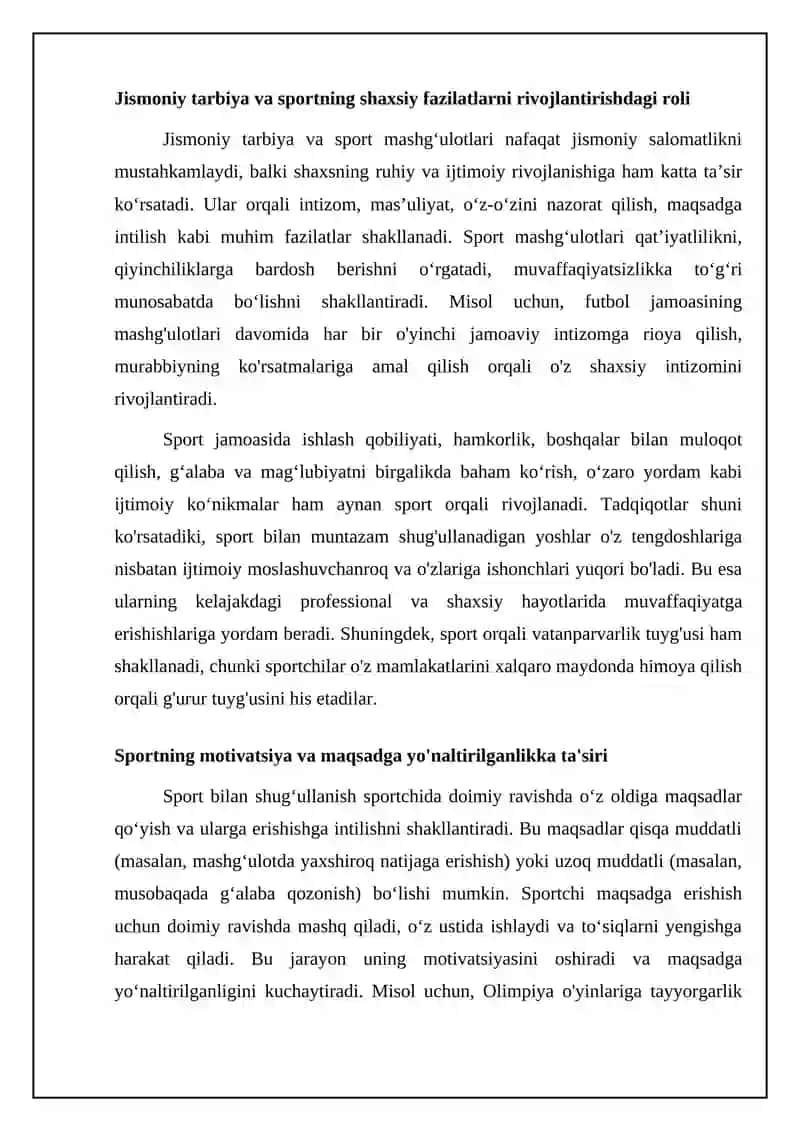 Sportning shaxsiyat rivojiga ta'siri: ijobiy va salbiy tomonlari REFERAT 4