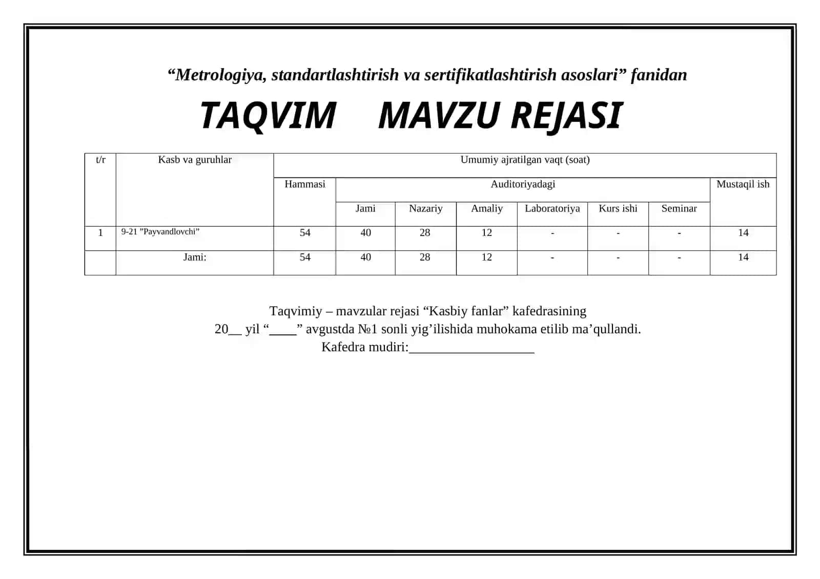 “METROLOGIYA, STANDARTLASHTIRISH VA SERTIFIKATLASHTIRISH ASOSLARI” FANIDAN O’QITISH MATERIALLARI TO’PLAMI 4