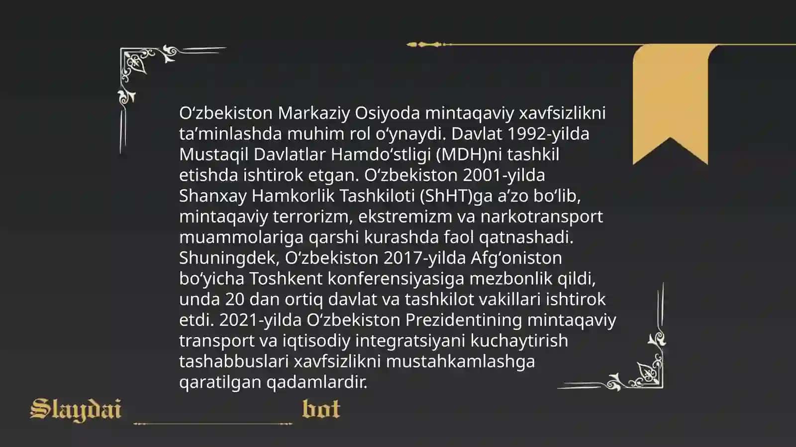 O'zbekistonnin Markaziy Osiyoda tinchlik va barqarorlikni taminlashdagi o'rni 4