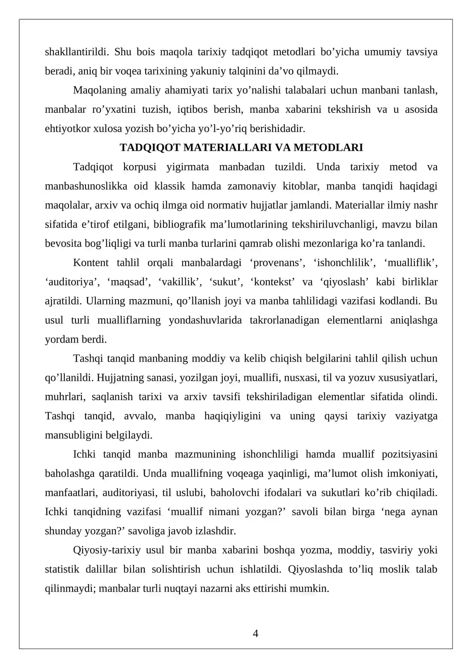 Tarixiy manbalarni tahlil qilish usullari Maqola loyihasi. 4