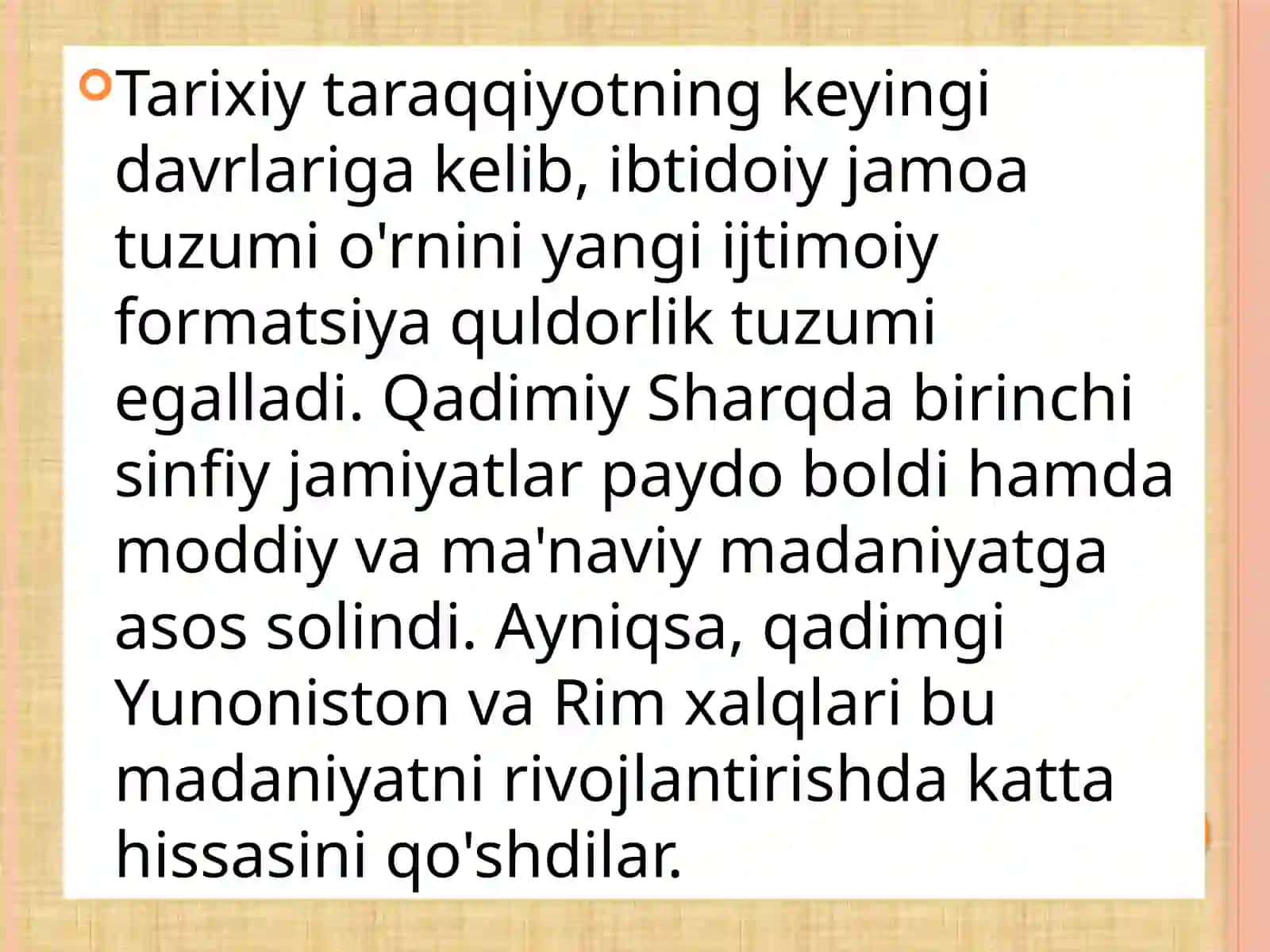 PEDAGOGIKATARIXI FAN SIFATIDA. IBTIDOIY JAMOADA TARBIYA. ENG QADIMGI DAVRLARDAN VII ASRGACHA TA’LIM-TARBIYA VA PEDAGOGIK FIKRLAR 4