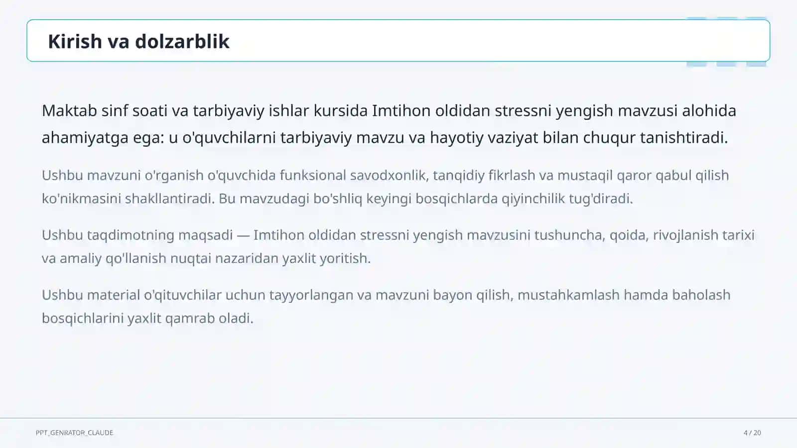 Sinf soati va tarbiyaviy tadbirlar (1–11) 4
