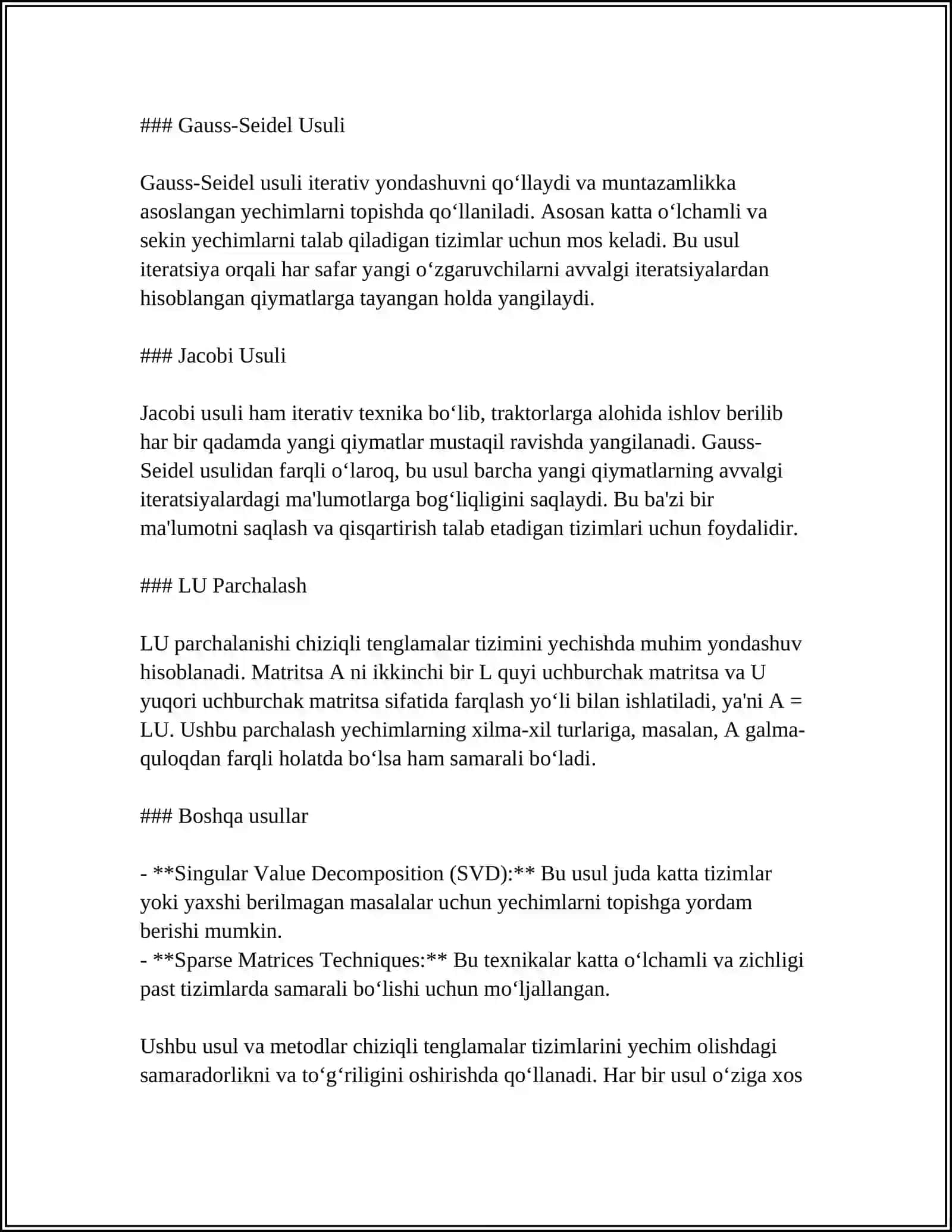 CHIZIQLI TENGLAMALAR TIZIMLARI VA ULARNING AMALIY MASALALARDA QO'LLANILISHI 4