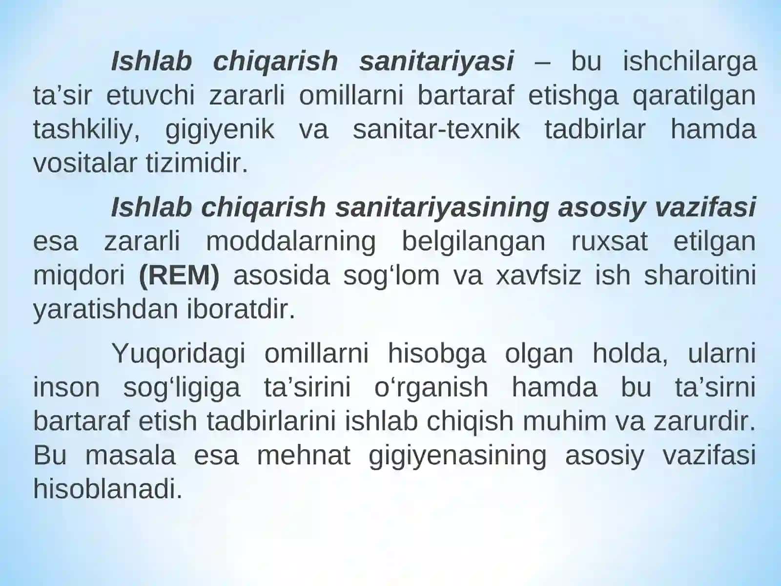 Ishlab chiqarishning sanitariyasi va gigiyenasi  meyorlari, mazmuni 4