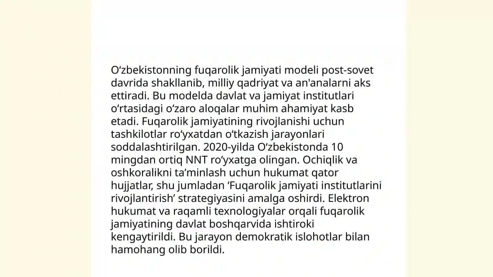 O'ZBEKISTONDA DEMOKRATIK, FUQAROLIK JAMIYATI ASOSLARINING SHAKLLANISHI, AMALGAOSHIRILGAN SIYOSIY ISLOHOTLAR 4