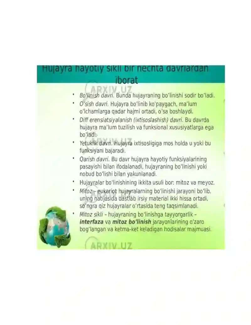 Hujayraning mitotik va hayotiy sikli. Hujayra proliferatsiyasi. Hujayraning meyotik bo‘linishi. Mitoz va meyoz patologiyasi 4