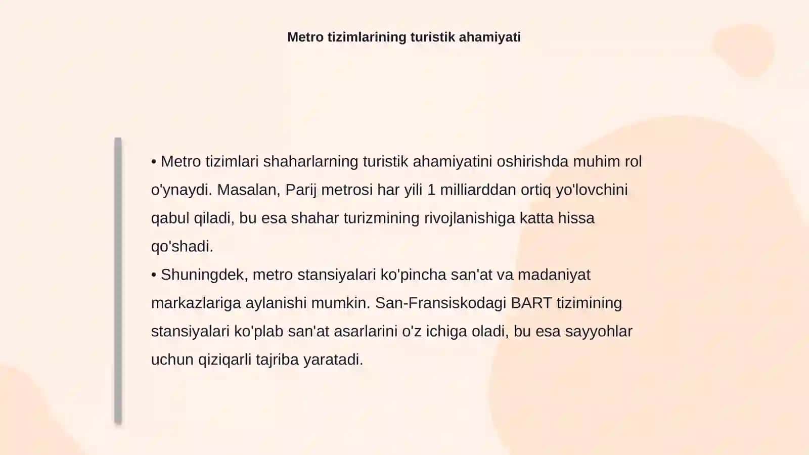 Metro tizimlari: transportdan turistik obyektga aylanish jarayoni 4