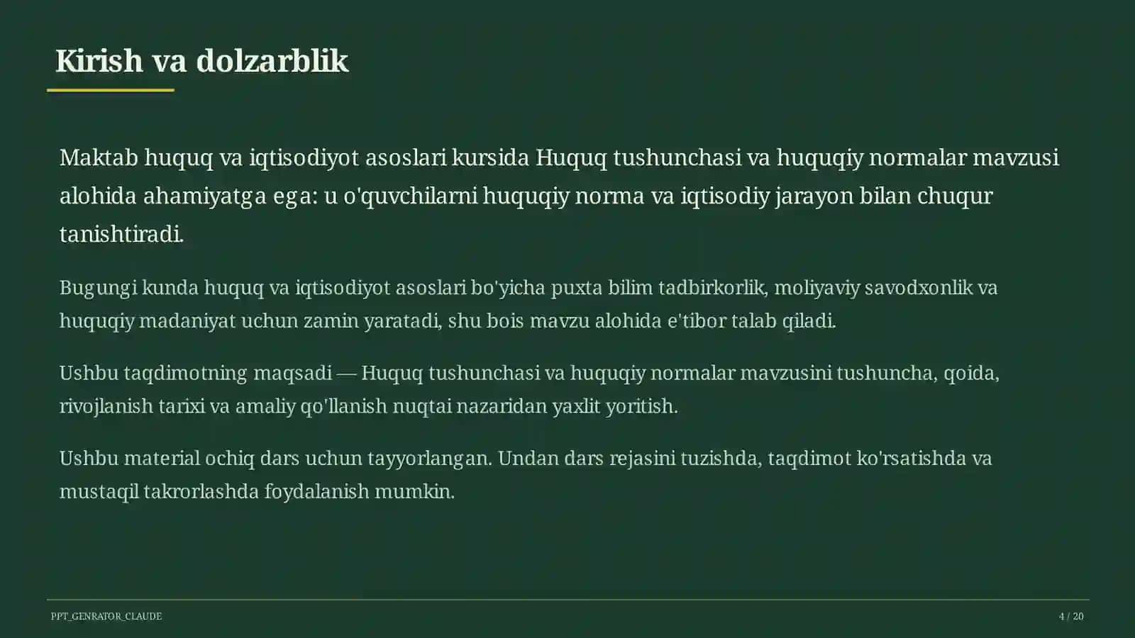 Huquq va iqtisodiyot asoslari (9–11) — ochiq dars uchun 4