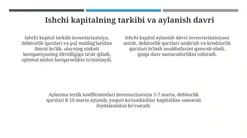 Ishchi kapitalning tarkibi va aylanmasi: Asosiy tushunchalar va tahlil usullari 4