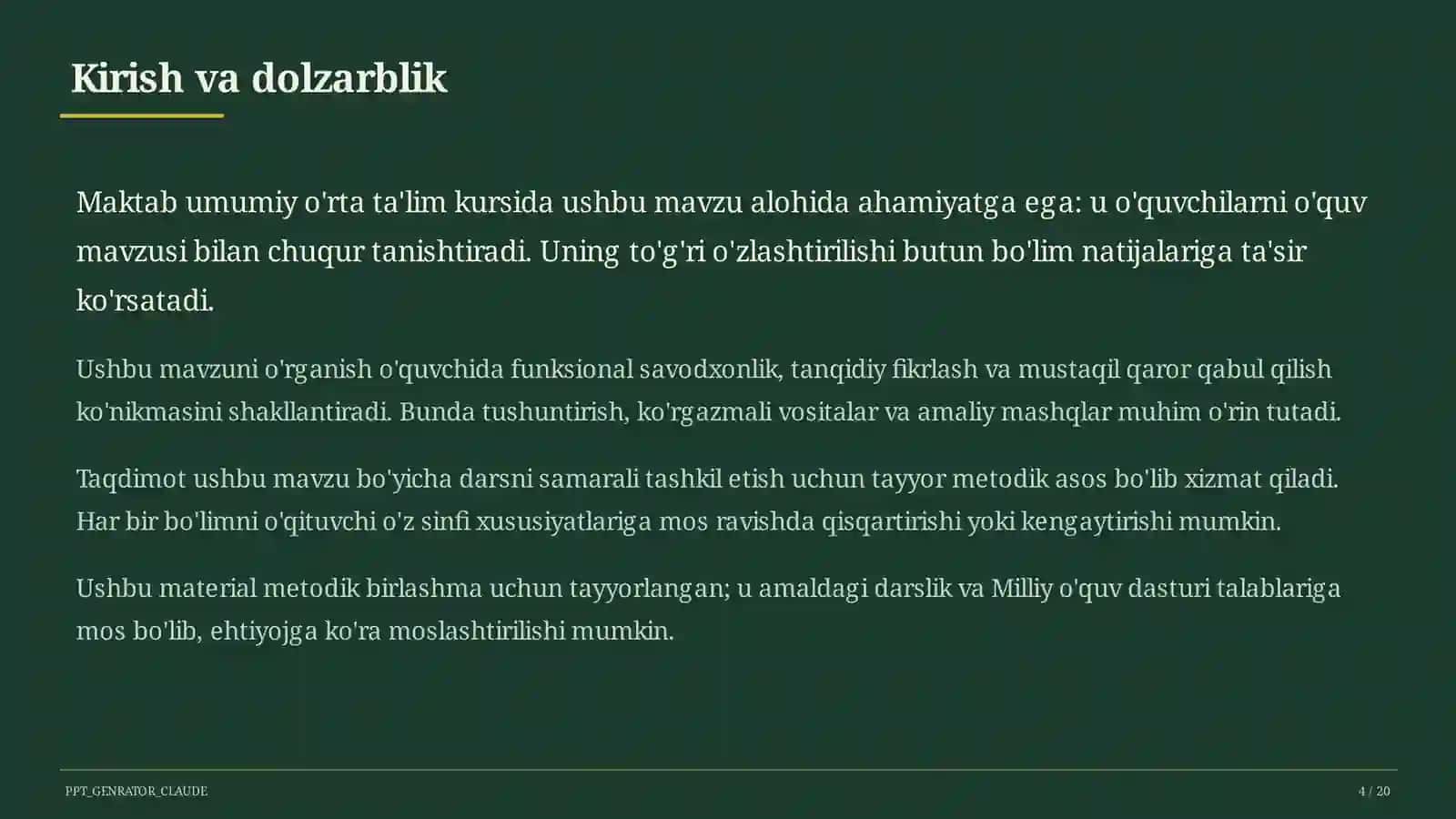 Dolzarb mavzular — maktab va o'qituvchilar (2026) — metodik birlashma uchun 4