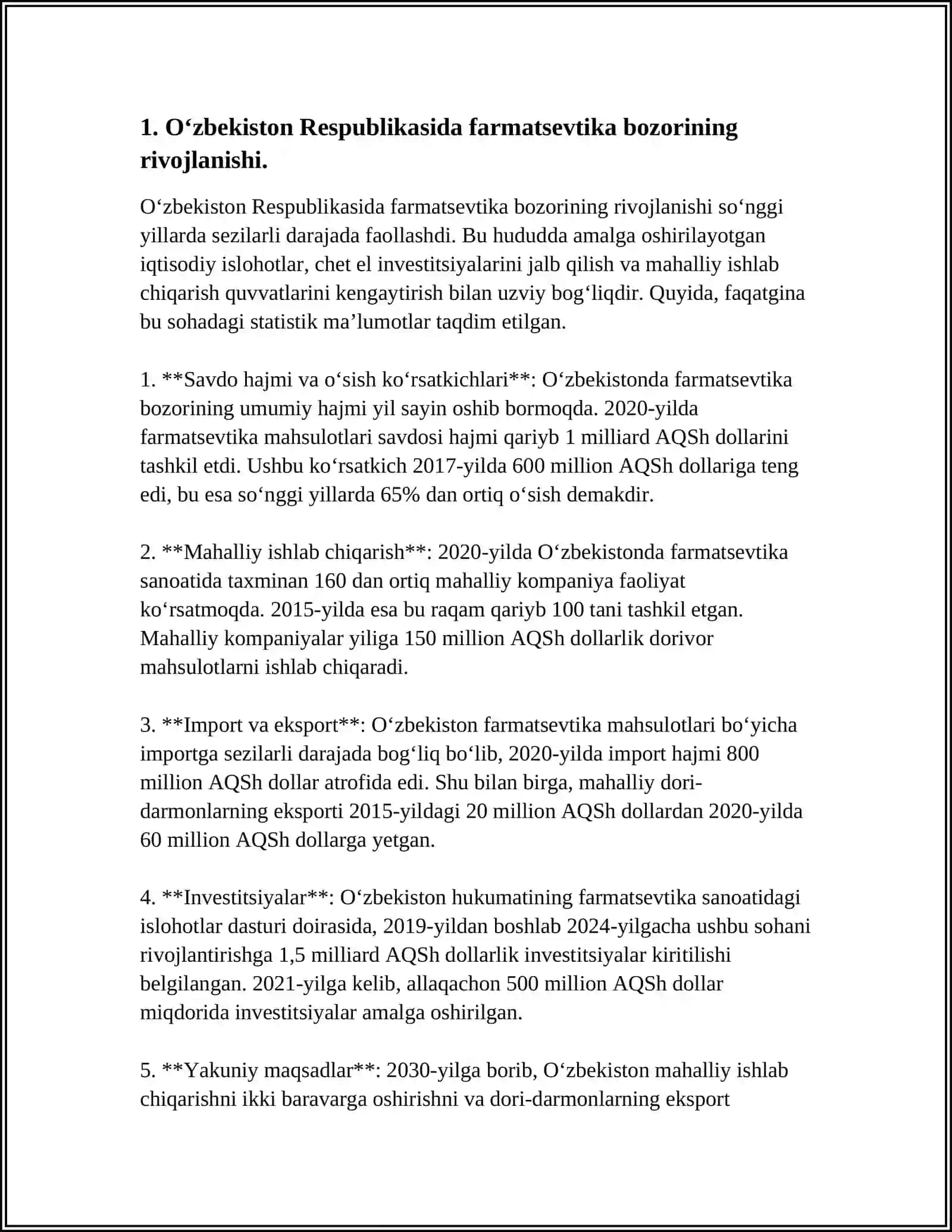 O‘ZBEKISTON RESPUBLIKASI DORI VOSITALARI BILAN TA’MINLASH TIZIMI VA FARMATSEVTIKA BOZORI. FARMATSEVTIKA FAOLIYATINI TARTIBGA SOLISHNING HUQUQIY ASOSLARI 4
