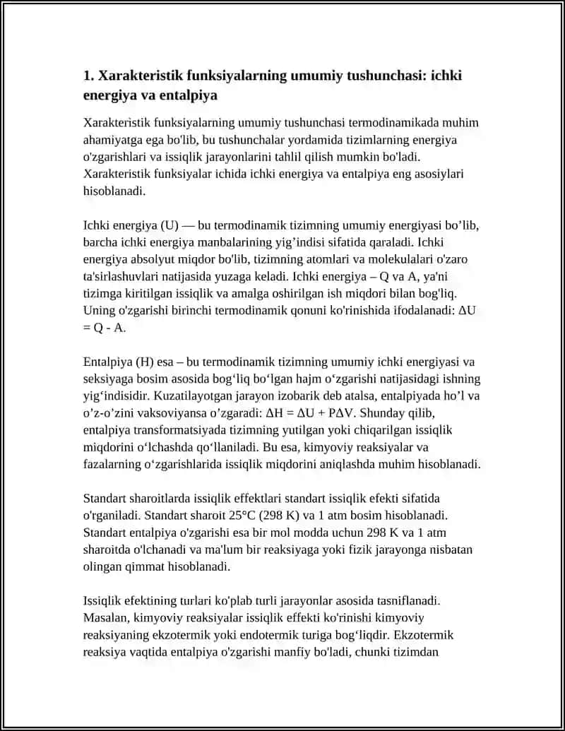 XARAKTERSTIK FUNKSIYALAR.ISSIQLIK EFFEKTINING TURLARI,STANDART ISSIQLIK EFEKTI.TURLI FIZIKAVIY KIMYOVIY JARAYONLARNING ISSIQLIK EFFEKTLARI 4