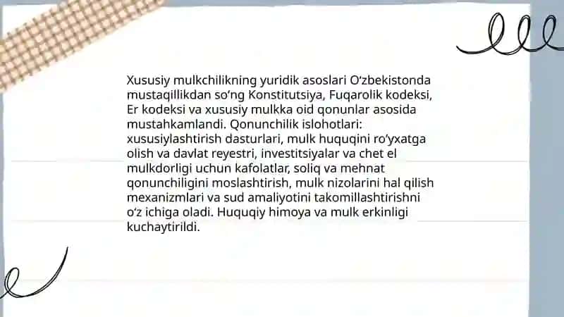 Iqtisodiy islohotlar, xususiy mulkchilikning shakllanishi. Oʻzbekistonda bozor munosabatlarining rivojlanishi 4