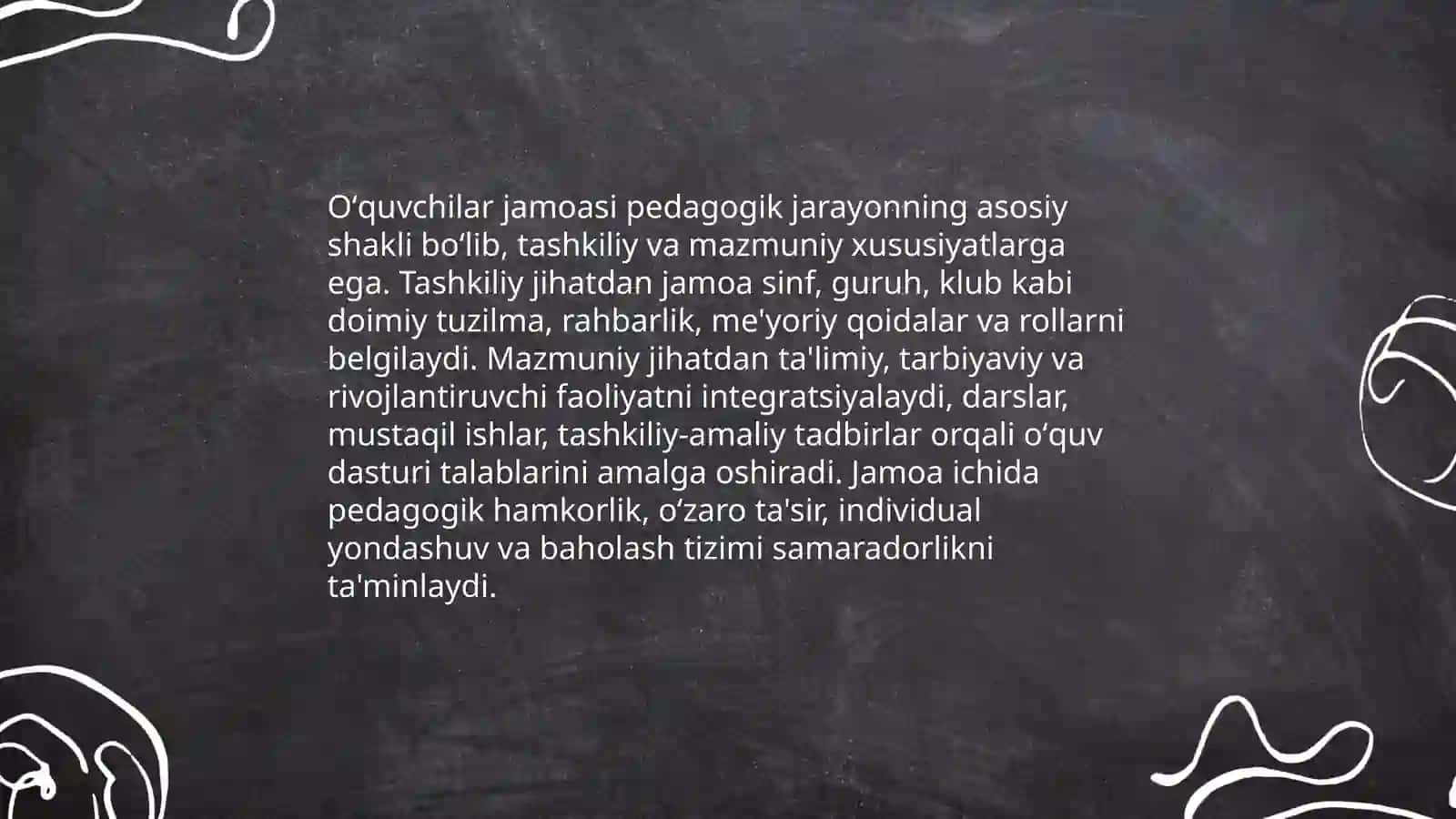 SHDPI PEDAGOGIKA FAKULTETI MATEMATIKA YOʻNALISHI 2-24-GURUH TALABASI YULDOSHOVA EZOZANING UMUMIY PEDAGOGIKA FANIDAN TAYYORLAGAN SLAYDI 4
