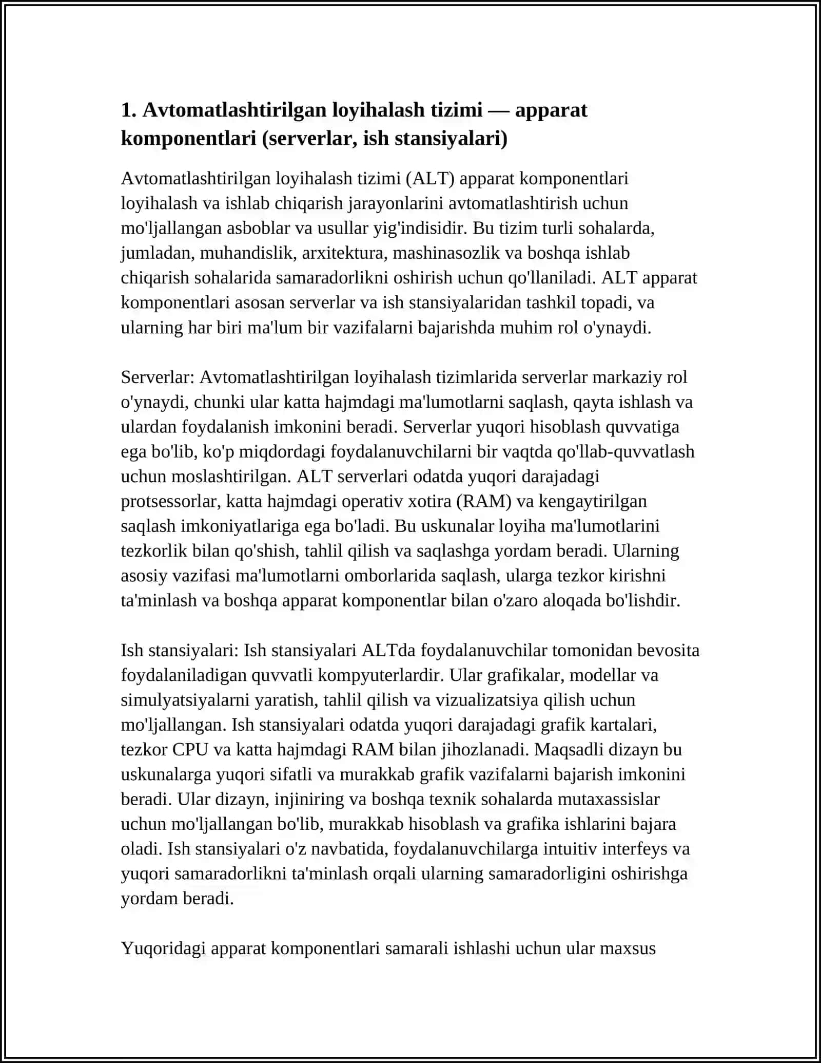 AVTOMATLASHTIRILGAN LOYIHALASH TIZIMI TA'MINOTI TURLARINING KOMPONENTLARI 4