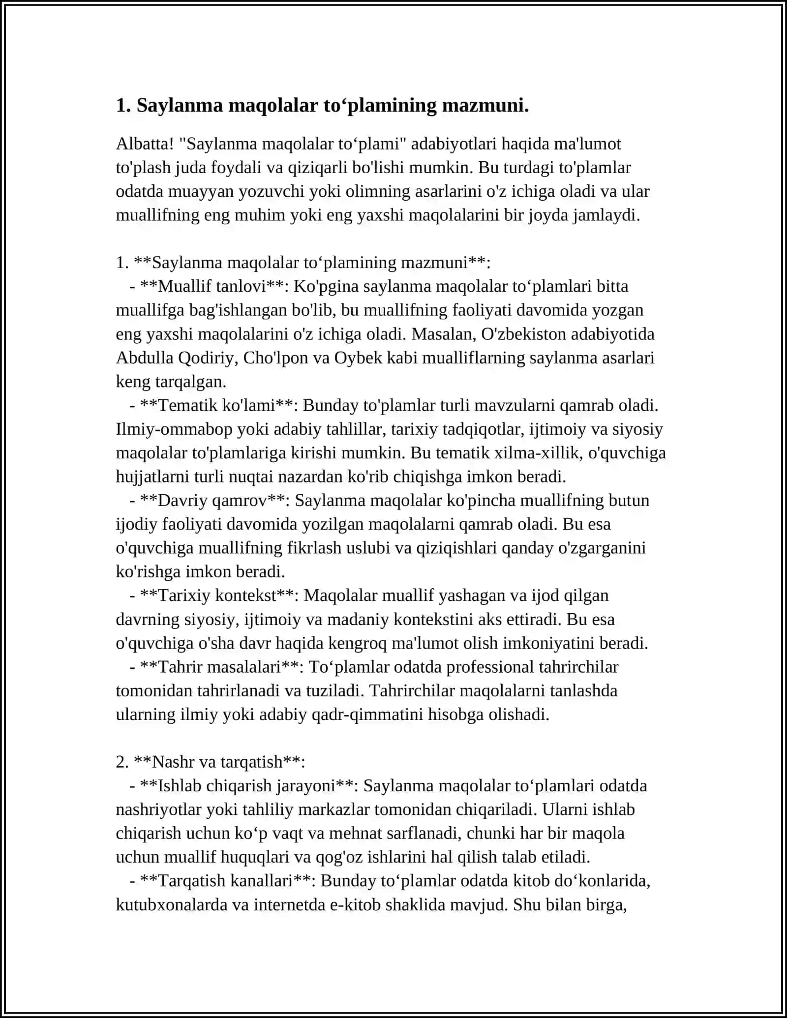 MATYOQUV QOʻSHJONOVNING SAYLANMA MAQOLALAR TOʻPLAMINING OʻQIB OʻRGANISH, ADABIYOTDA ESTETIK KATEGORIYALAR BOBINI KONSPEKTLAWTIRIW 4