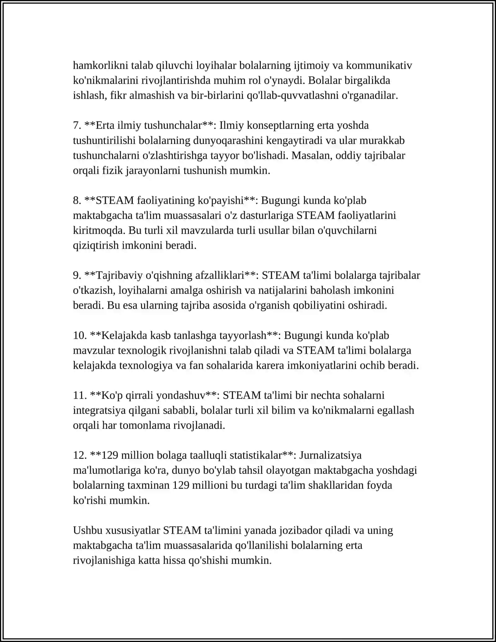 SHAXSLAR ARO MUNOSABATLARNI TEKSHIRISH. MAKTABGACHA TA’LIMDA STEAM TA’LIM TEXNOLOGIYASIDAN FOYDALANISHNING ZARURIYATLARI 4