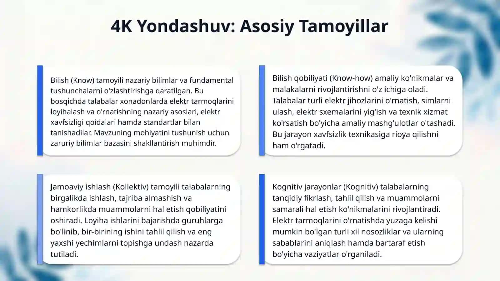 Xonadonlarda elektr tarmoqlarini o'rnatish usullari mavzusini 4k yondashuv asosida o'qitish metodikasi 4