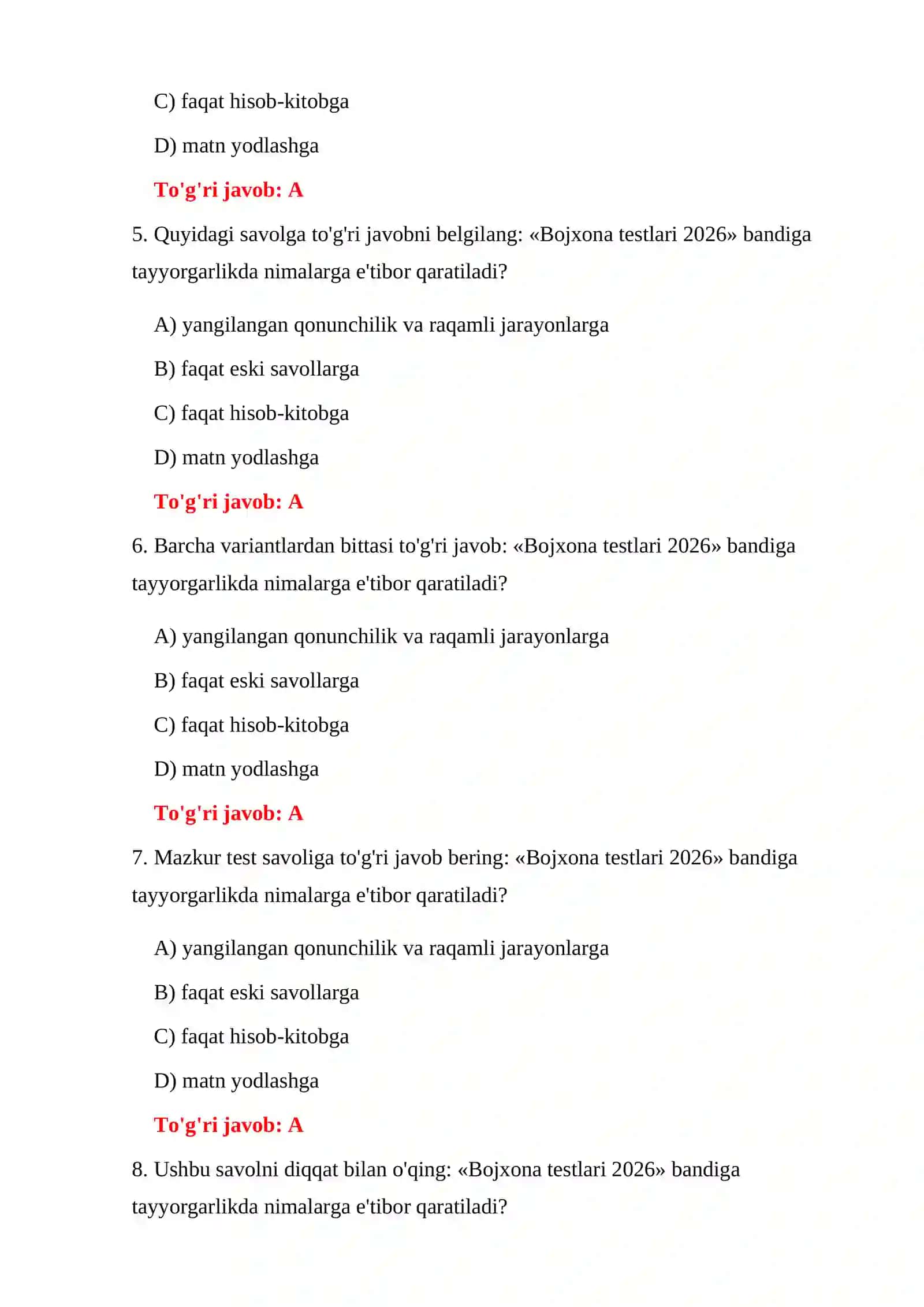 Bojxona testlari 2026 4