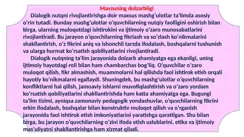 Dialogik nutqni rivojlantirish gadoi maxsus mashg'ulotlarning ahamiyati 4