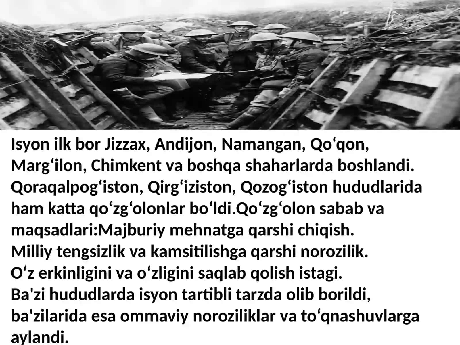 Birinchi jahon urushining Turkiston o‘lkasiga ta’siri. 1916-yil milliy-ozodlik harakati 4