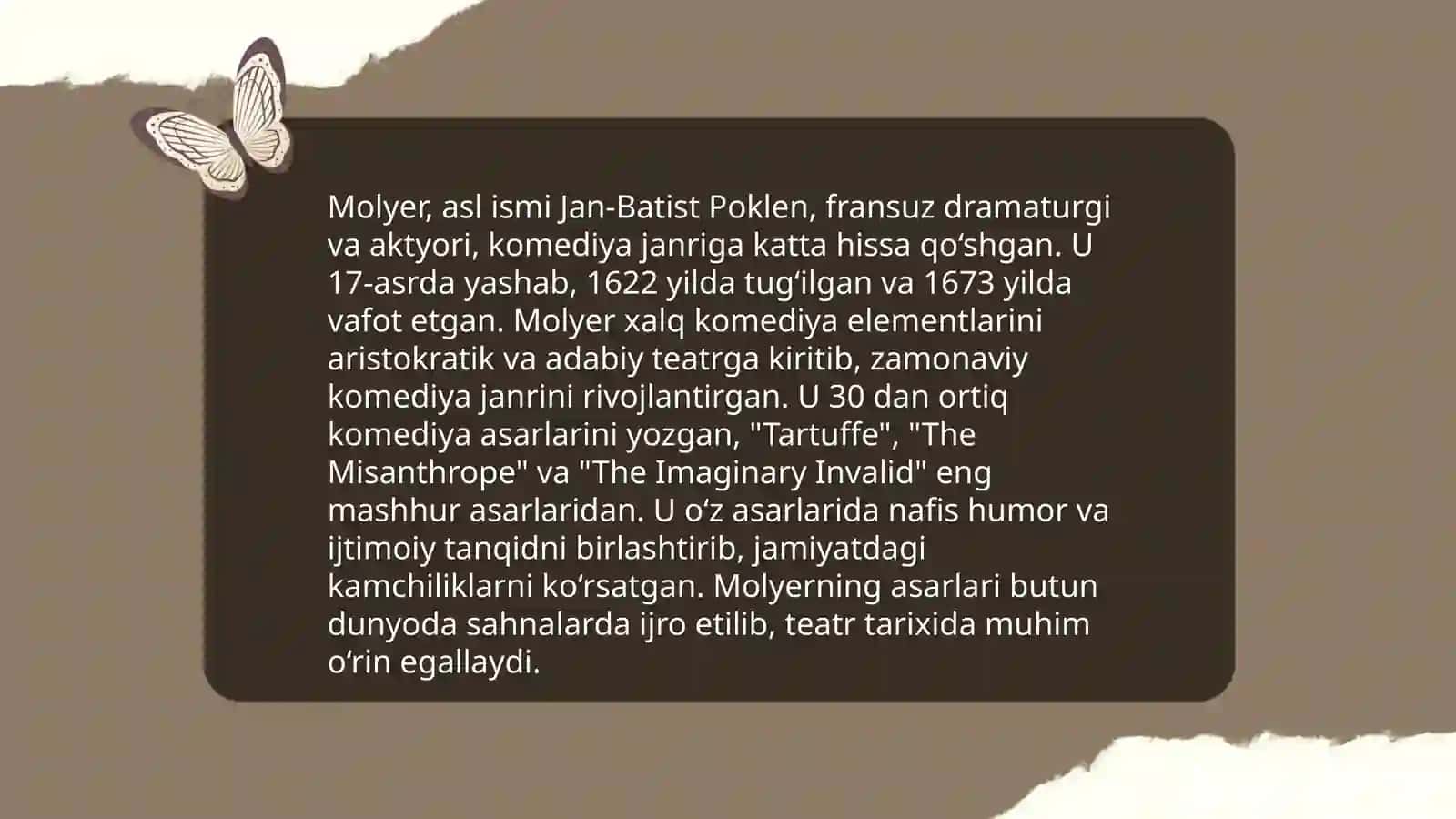XVII - XVIII asr G’arb va Sharq ma’rifatchilik adabiyoti (J.Moliеr, J.Milton, Lopе dе Vеga, D.Dеfo, J.Rasin, Mashrab, Maxtimquli asarlari tahlili) 4