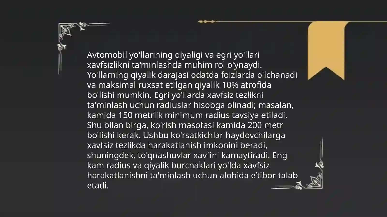 Avtomobil yo'llarini egriliklariga harakat xavfsizligi bo'yicha qo'yilgan me'yoriy talablarni o'rganish 4