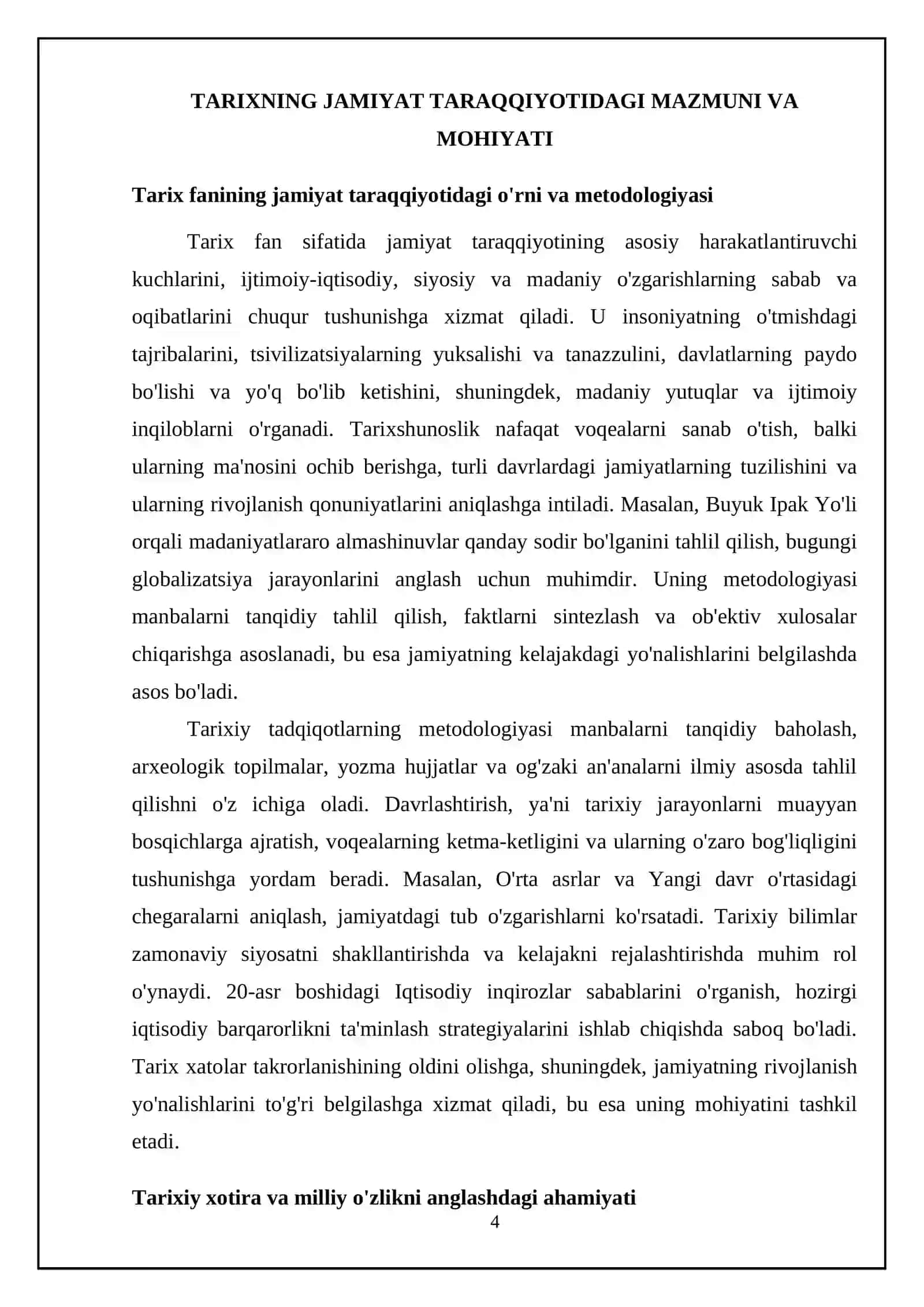 15 Jamiyat taraqqiyotida tarixning mazmuni, yo‘nalishlari va konsepsiyalari mavzusidan referat tayyorlash 4