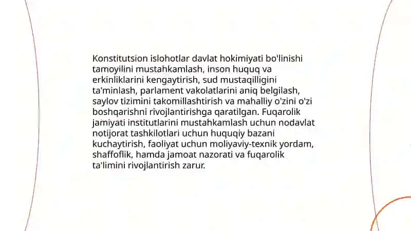 O'zbekistonda huquqiy siyosiy islohotlarning amalga oshirilishi, demokratik jamiyatni shakllantirish yo'lidagi islohotlar 4