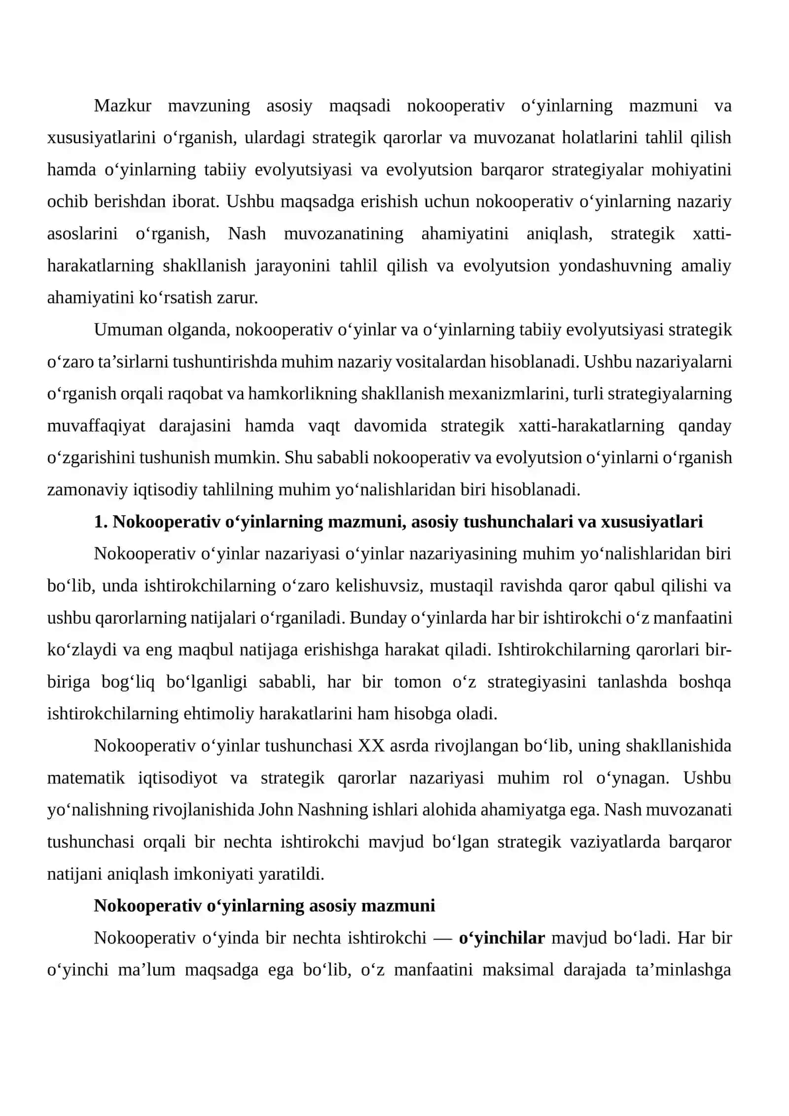 Nokooperativ o'yinlar. O'yinlarni tabiiy evolyusiyasi 4