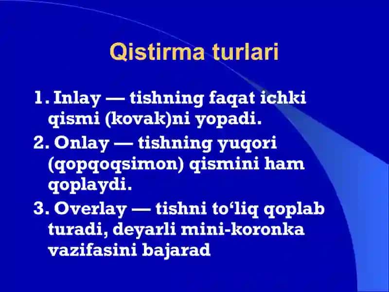 Qistirmalar qo’yish uchun Tish qattiq to’qimasi bo’shliqlarini shakllantirish 4