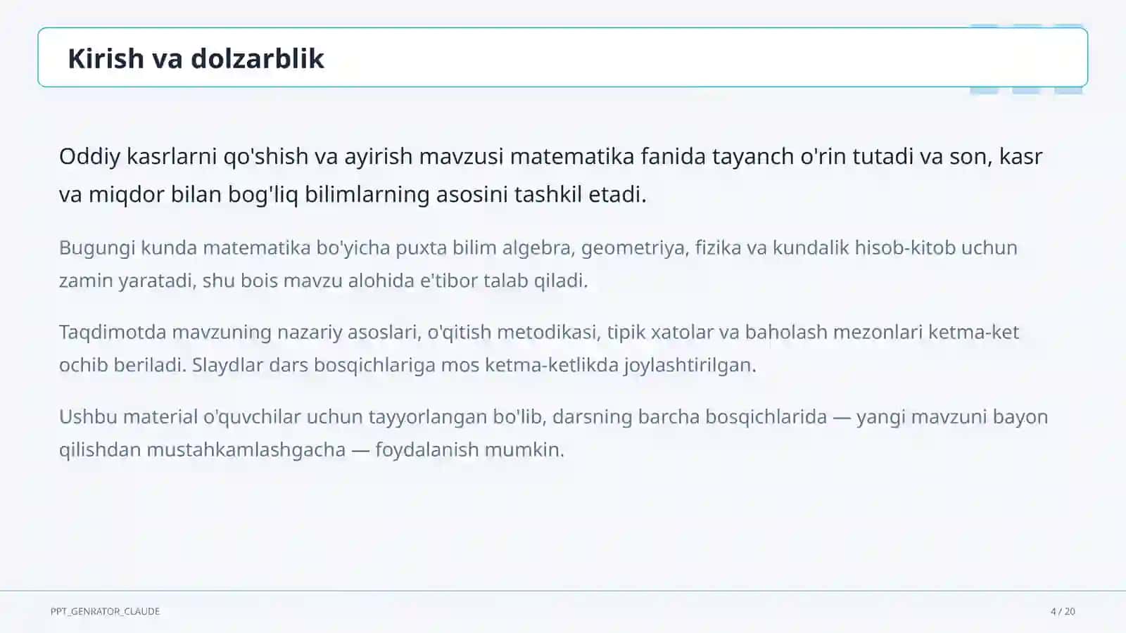 Oddiy kasrlarni qo'shish va ayirish (5-sinf) 4