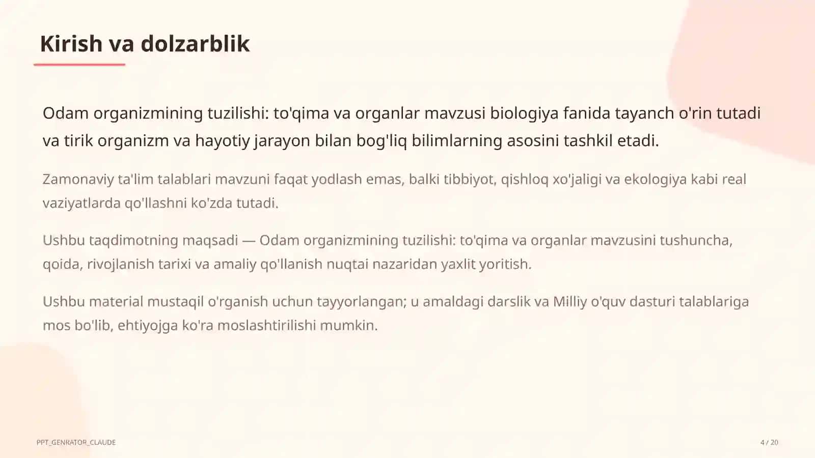 Odam organizmining tuzilishi: to'qima va organlar (8-sinf) 4