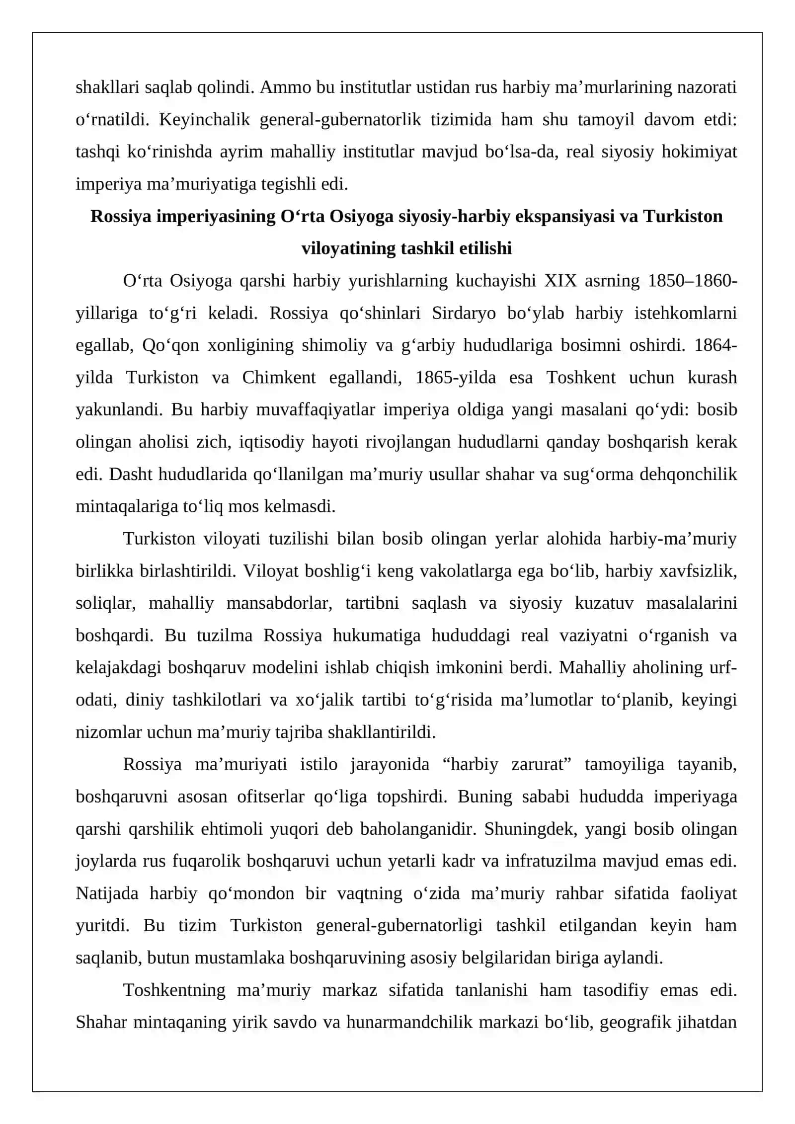 Turkistonda Rossiya imperiyasi mustamlaka boshqaruv tuzumining qaror topishi. 4