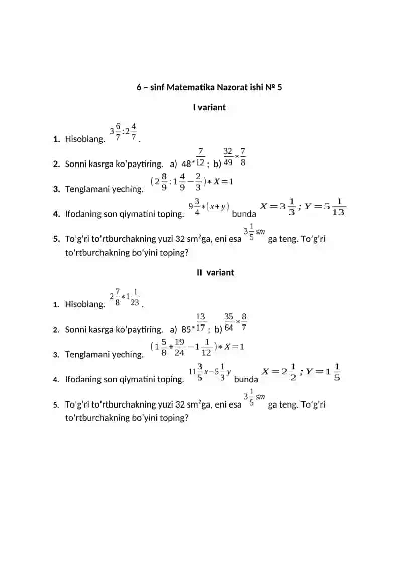 6-SINF MATEMATIKA YOZMA ISH 4